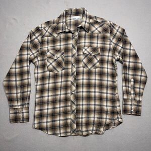 Wrangler Western Shirt Mens Large Brown Plaid Pearl‎ Snap Long Sleeve Flannel